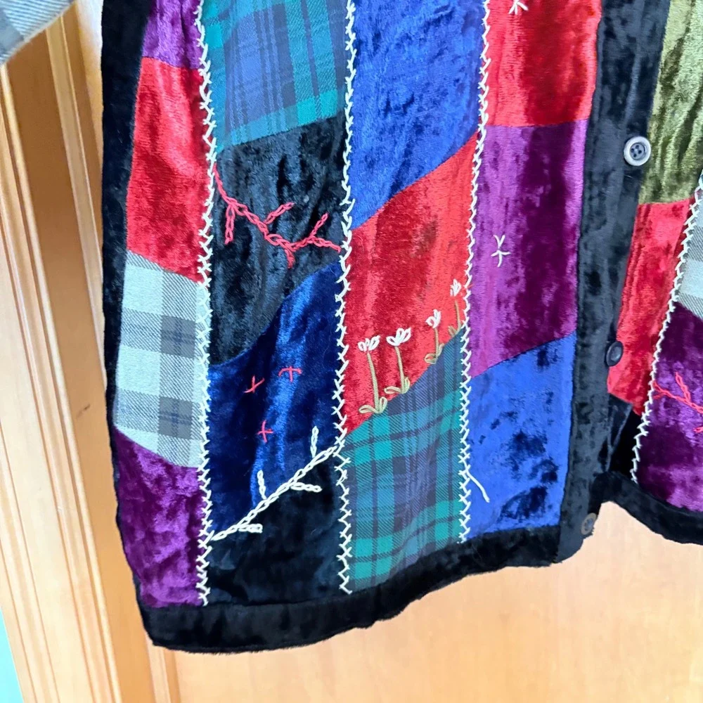 Bedford Fair Patchwork Velvet Plaid Button Down Jacket Women's‎ L Colorful